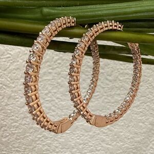 Signed Rose Gold-tone CZ Pave Crystal Hoops 2-inch Hoop Earrings 16g.